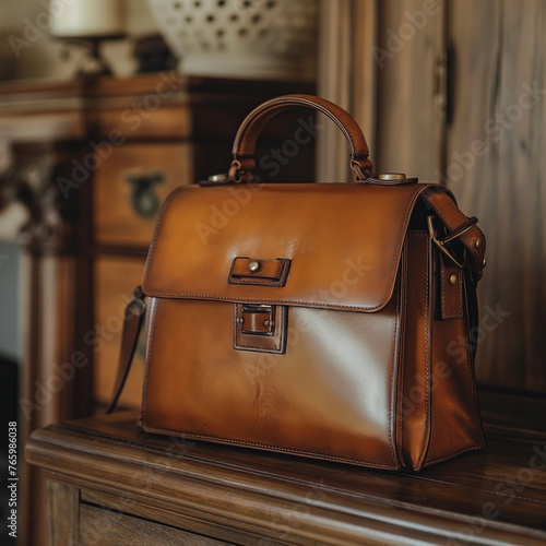 brown leather briefcase on top of a wooden dresser, brown leather briefcase, dark academia aesthetic