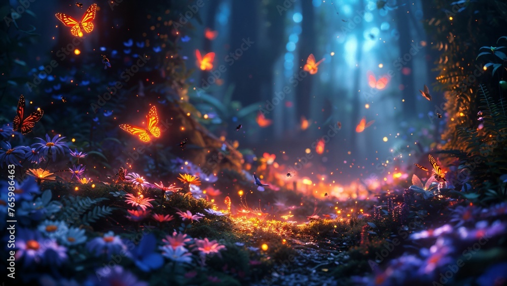 Enchanted forest scene with luminous bugs and mystical birds, a fantasy wildlife paradise, vibrant colors, magical aura