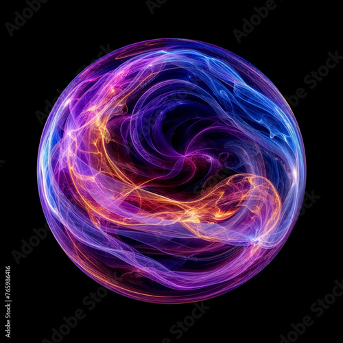 Ethereal  bubble filled with purple, orange, and blue waves on a black background geometry.