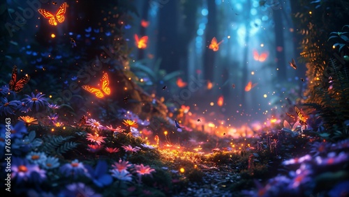 Enchanted forest scene with luminous bugs and mystical birds  a fantasy wildlife paradise  vibrant colors  magical aura