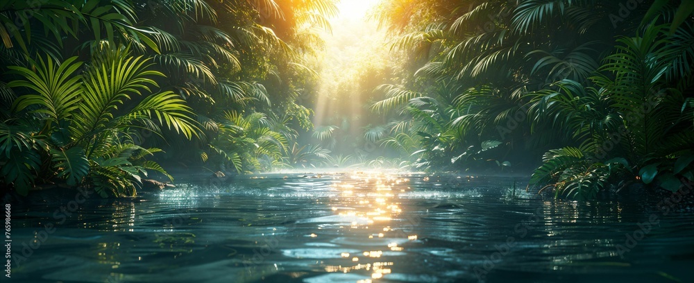 Jungle and rainforest species in a magical realm, vibrant ecosystem, fantastical plants, otherworldly beauty