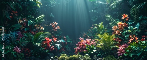 Jungle and rainforest species in a magical realm  vibrant ecosystem  fantastical plants  otherworldly beauty