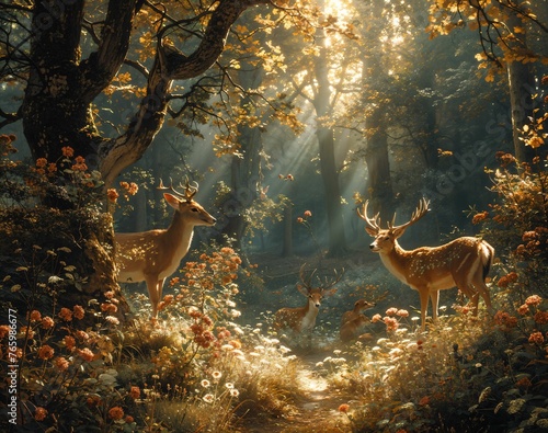 Mystical forest animals in an enchanted woodland, fairy-tale creatures, shimmering flora, captivating essence