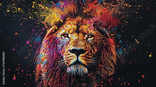 Majestic lion portrait with crown of colorful paint splatters, powerful concept illustration © Jelena