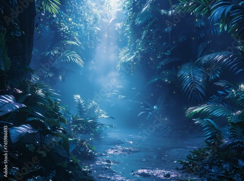 Surreal jungle with rainforest species  oversized leaves  and glowing insects  a dreamlike habitat  ethereal atmosphere
