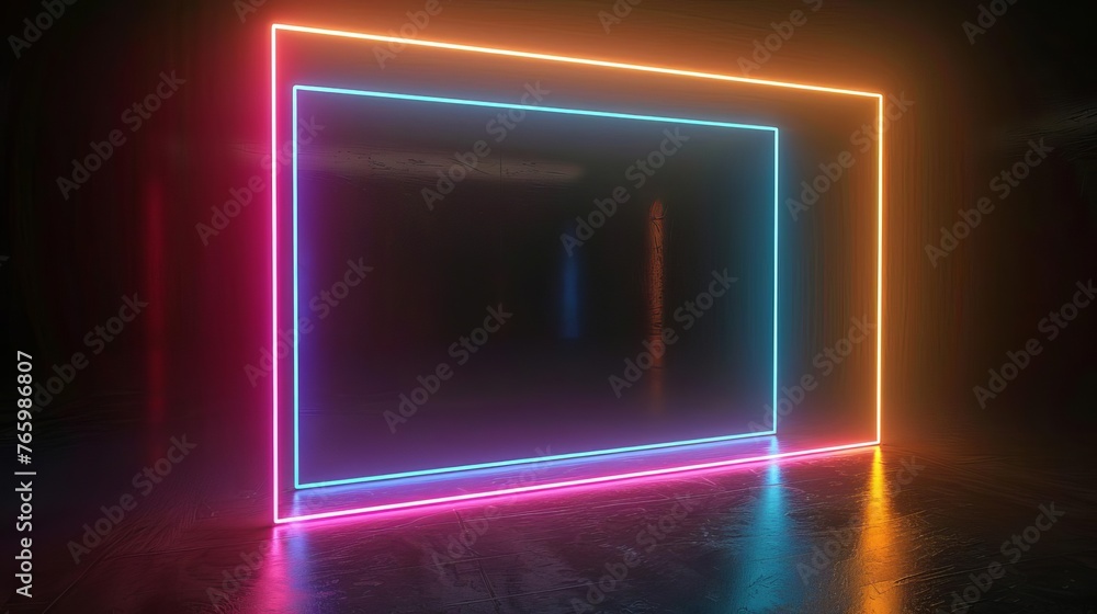 Neon picture frame in motion on black background 3d rendering Neon picture frame in motion on black background 3d rendering