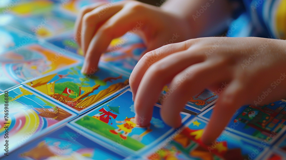 Close-up of hands flipping through flashcards with educational content Close-up of hands flipping through flashcards with educational content