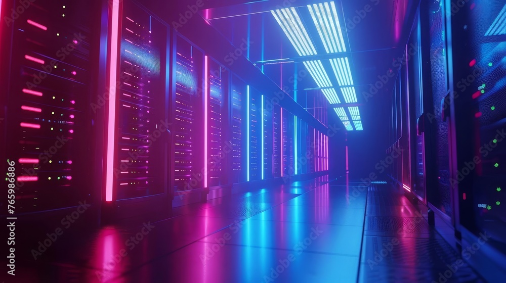 Fototapeta premium Server room with flashing lights and moving camera 3d animation