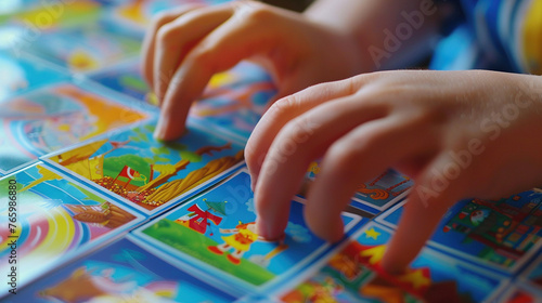 Close-up of hands flipping through flashcards with educational content