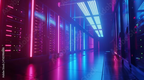 Server room with flashing lights and moving camera 3d animation