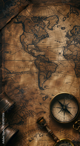 Vintage style map with ancient landmarks and travel symbols, an old compass on the table beside it, and crumpled papers symbolizing lost maps or documents in front of them, creating an atmosphere fill