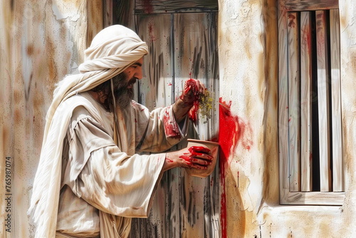 biblical person marking Jehovah's doors and worshipers with lamb's blood photo