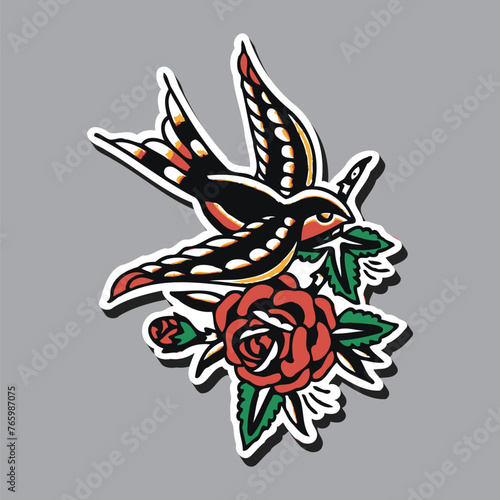 Swallow holds rose flower. Old school tattoo of flying swallow bird and rose flower isolated vector illustration..