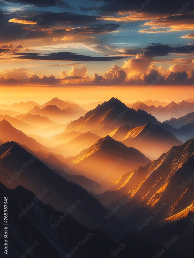 Beautiful sunset in the mountains. Landscape with mountains and clouds.