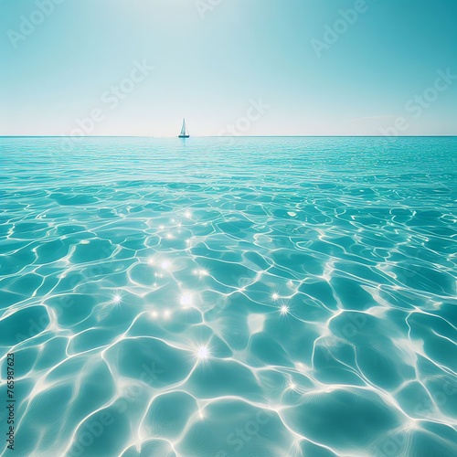 Blue sea water surface with sun rays and sailboat on horizon.