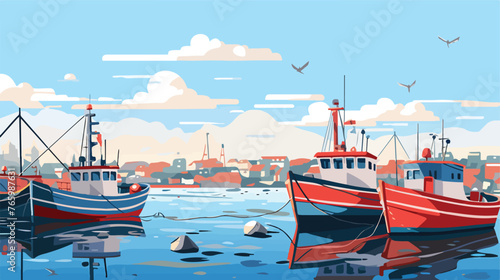 A bustling harbor with fishing trawlers photo