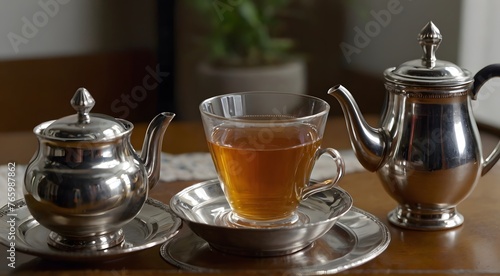 Tea Accoutrements: Optionally, include a small, silver teaspoon resting on the saucer under the cup, and a teapot in the background, hinting at the possibility of a refill, thereby inviting the viewer photo