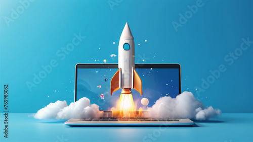 A rocket launches from a laptop screen on a blue background. Side view, 3D view
