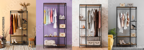Set of modern shelving units with stylish clothes and accessories near walls indoors