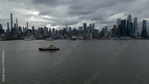 Aerial view of New York City's Manhattan skyline from the Hudson River