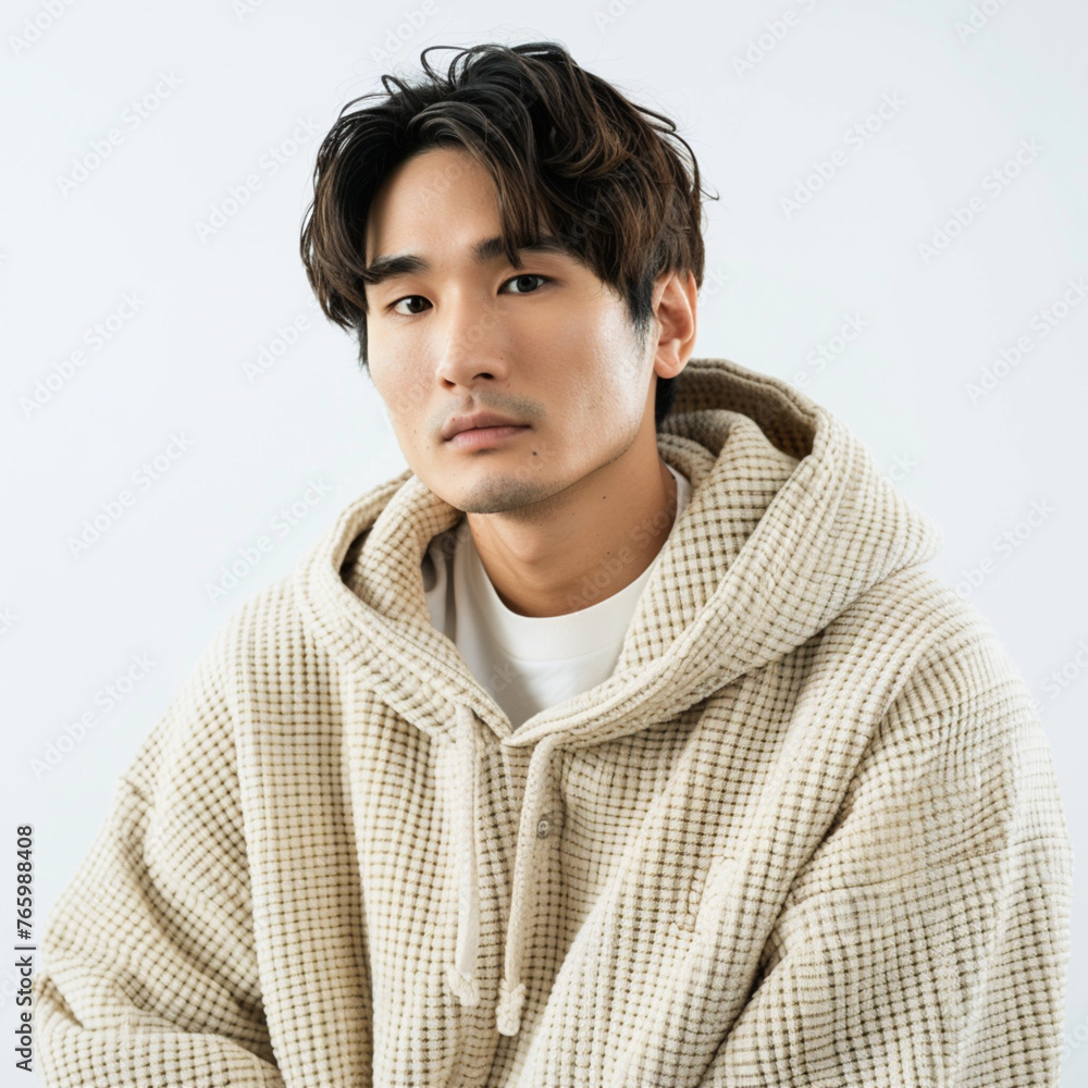 33-year-old handsome Japanese man with short hair, cool eyes, big ears, beautiful nose, and brown eyebrows, father, wearing an oversized pullover and his body is facing the camera. The background is p 33-year-old handsome Japanese man with short hair, cool eyes, big ears, beautiful nose, and brown eyebrows, father, wearing an oversized pullover and his body is facing the camera. The background is p