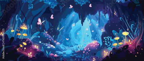 A mysterious magical cave with flying butterflies