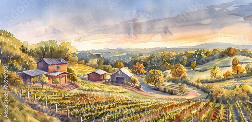 Painting capturing essence of autumn on a farm and vineyard, showcasing vibrant foliage, ripe grapes and rustic farm buildings