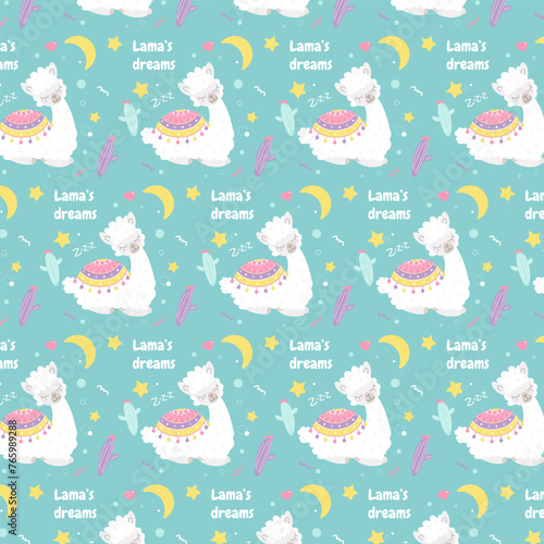 Seamless pattern with the image of a sleeping llama on a blue background