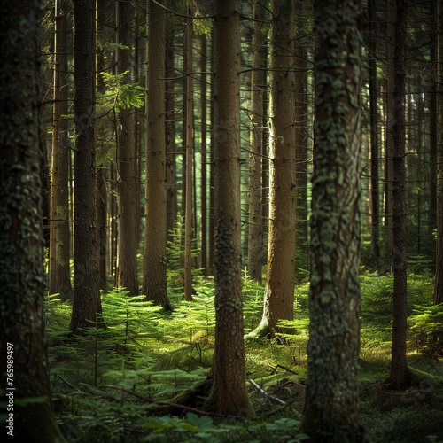 Serene Forest Scene with Sunlight Filtering Through Trees