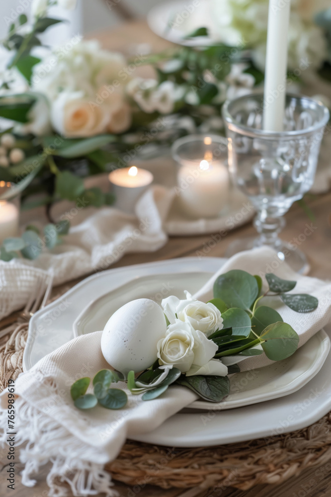 Beautifully set Easter table with a bouquet of spring flowers in a vase, Easter decorations and colored Easter eggs