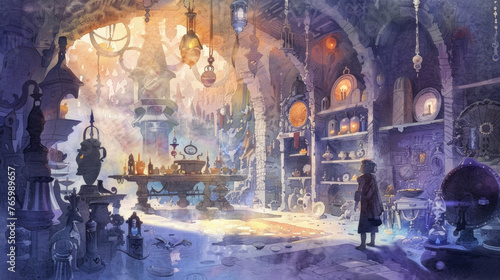 A person stands at the entrance of a mysterious shop filled with mystical artifacts and soft, glowing lights