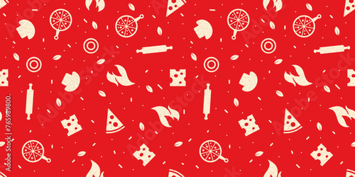 Trendy pizza elements repetitive pattern with grunge style. Vector illustration suitable for prints.