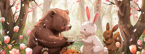Bear and Rabbit Enjoying Tea in Spring Forest 