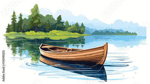 A peaceful riverside with a wooden rowboat
