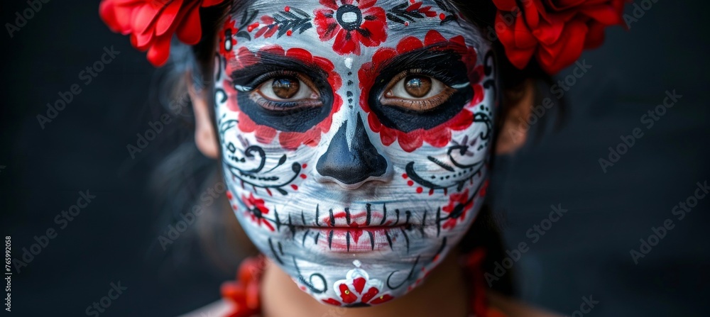 Day of the dead skeleton face painting background with space for text, perfect for celebrations