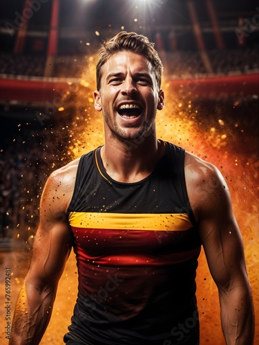 german athlete competing in summer olympic games, screaming with joy after winning the athletics competition