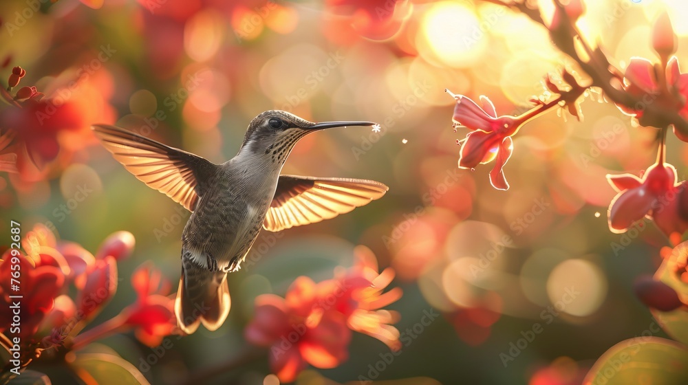 Fototapeta premium Close detailed view of a hummingbird in nectar heaven, spotlight on species cooperation