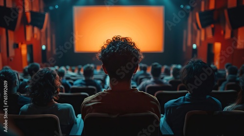 Detailed audience in cinema, watching a yet-to-start movie, screen blank