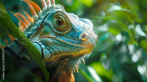 Macro shot of a green iguana s eye