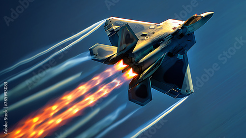 Jet fighter F-22 Raptor flying fast through the blue sky and orange glow of its engines photo