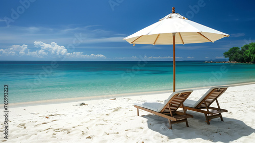 White Beach Umbrella and Lounge Chair on White Sand in a Seaview under Blue Sky