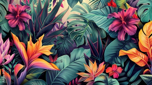 Tropical background. Exotic Landscape  Hand Drawn Design. Luxury Wall Mural. Leaf and Flowers Wallpaper.