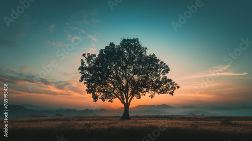 Vast Tree in a Field in the Evening with Sunset in the Background