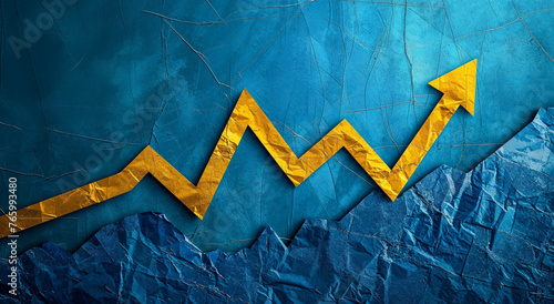 Growth chart of a business with a yellow graph on a blue background, in the  metallic texture, zigzags, graphics.

