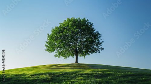 Huge Green Tree in a hilly Meadow under a Clear Sky photo