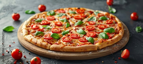 Rustic pizza on black background with tomato, cheese, and space for text fast italian meal concept