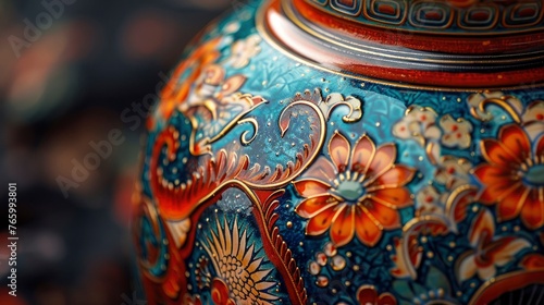 A detailed view of an ornate, hand-painted ceramic vase, with vibrant colors and intricate patterns