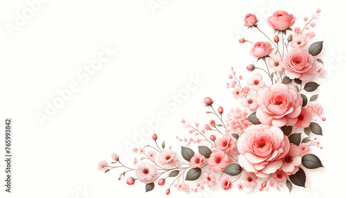 A delicate pink rose arrangement in the far left corner against a white background only with a 16:9 aspect ratio. The composition should feature detailed pink rose