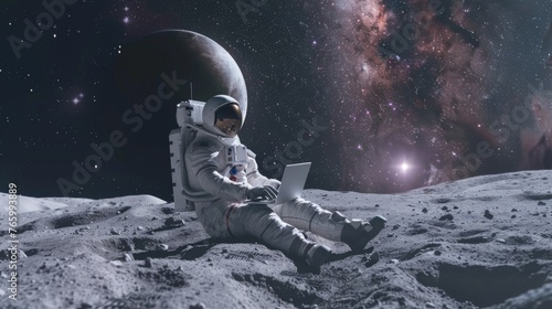 Astronaut on the Moon is using a laptop