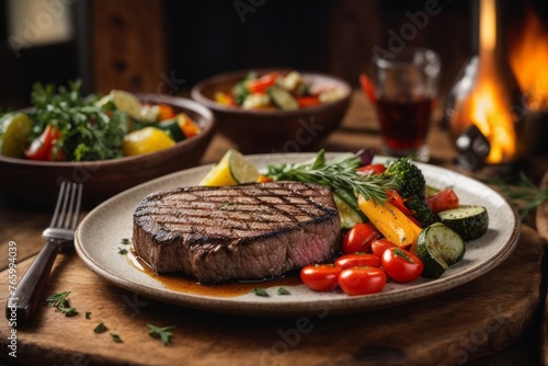 grilled steak with vegetables on wooden table ready to serve, delicious restaurant food menu